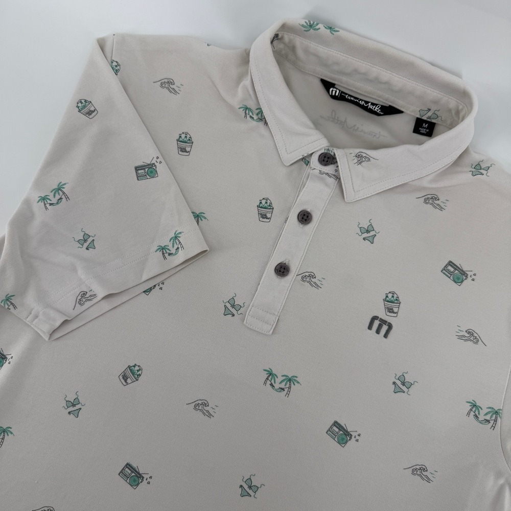 TravisMathew Polo Shirt Mens M Gray Tropical Palm Tree Beach Print Short Sleeve